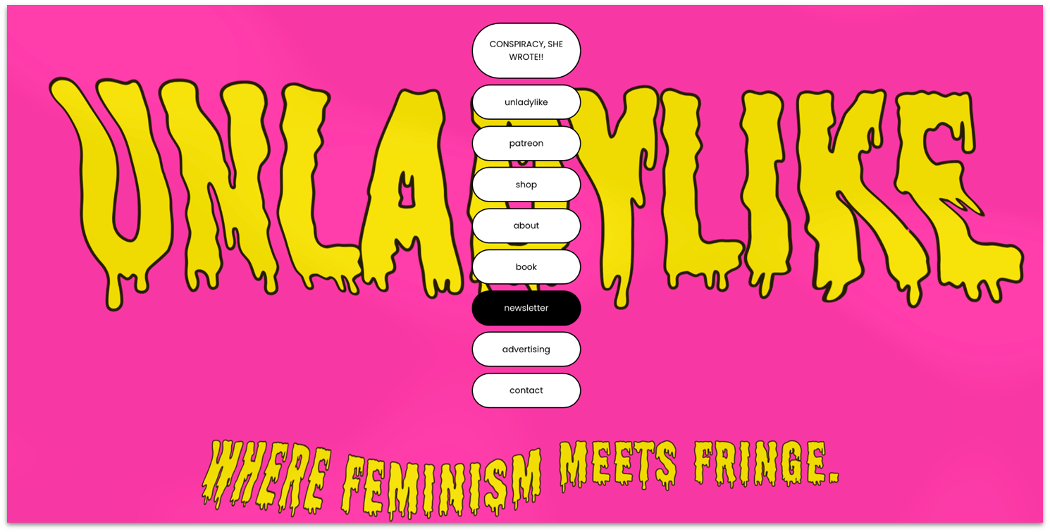 Squarespace Unladylike feminist podcast with bold hero text and vertical menu.