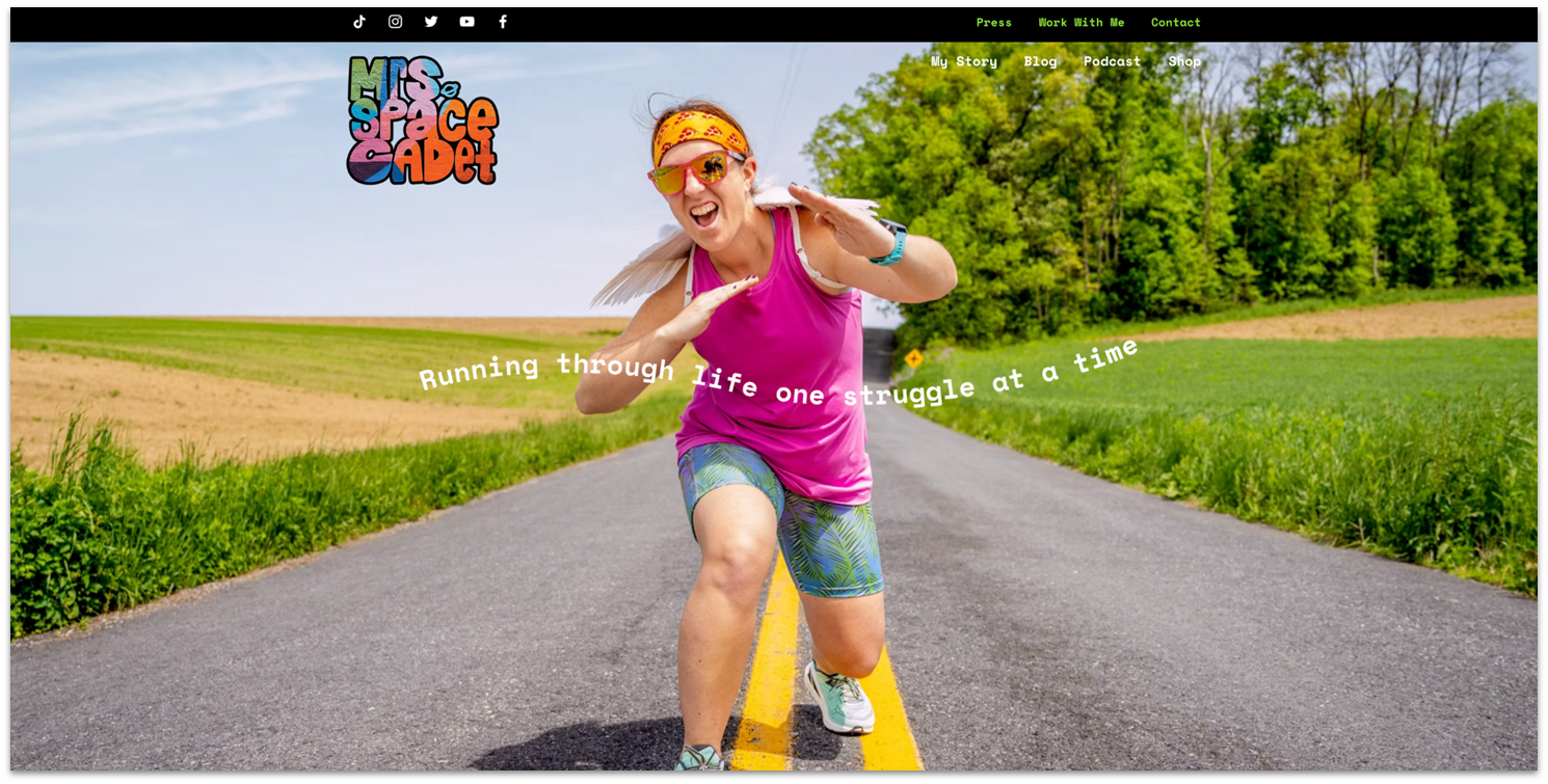 Mrs. Space Cadet Wix fitness blog homepage with hero image.