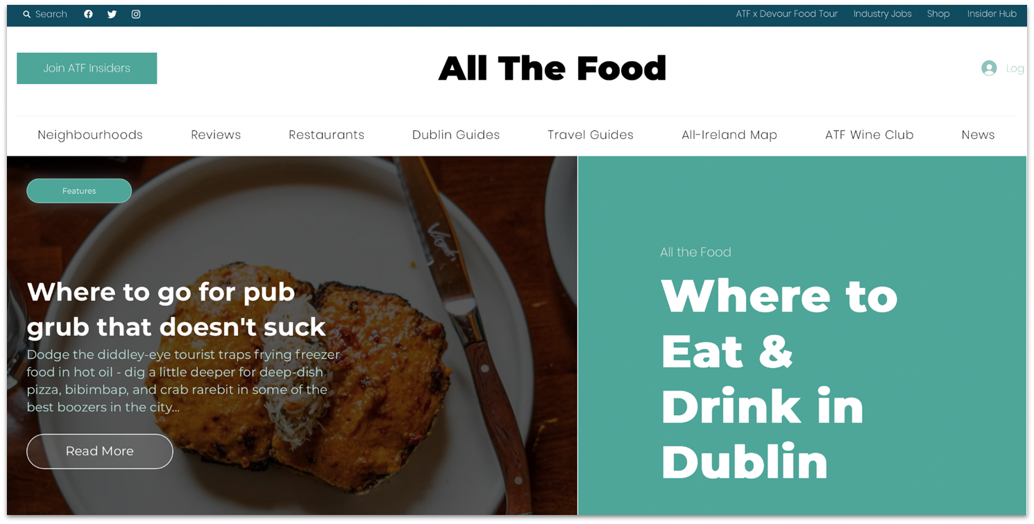 Wix All The Food restaurant review blog homepage with newest Dublin recommendations.