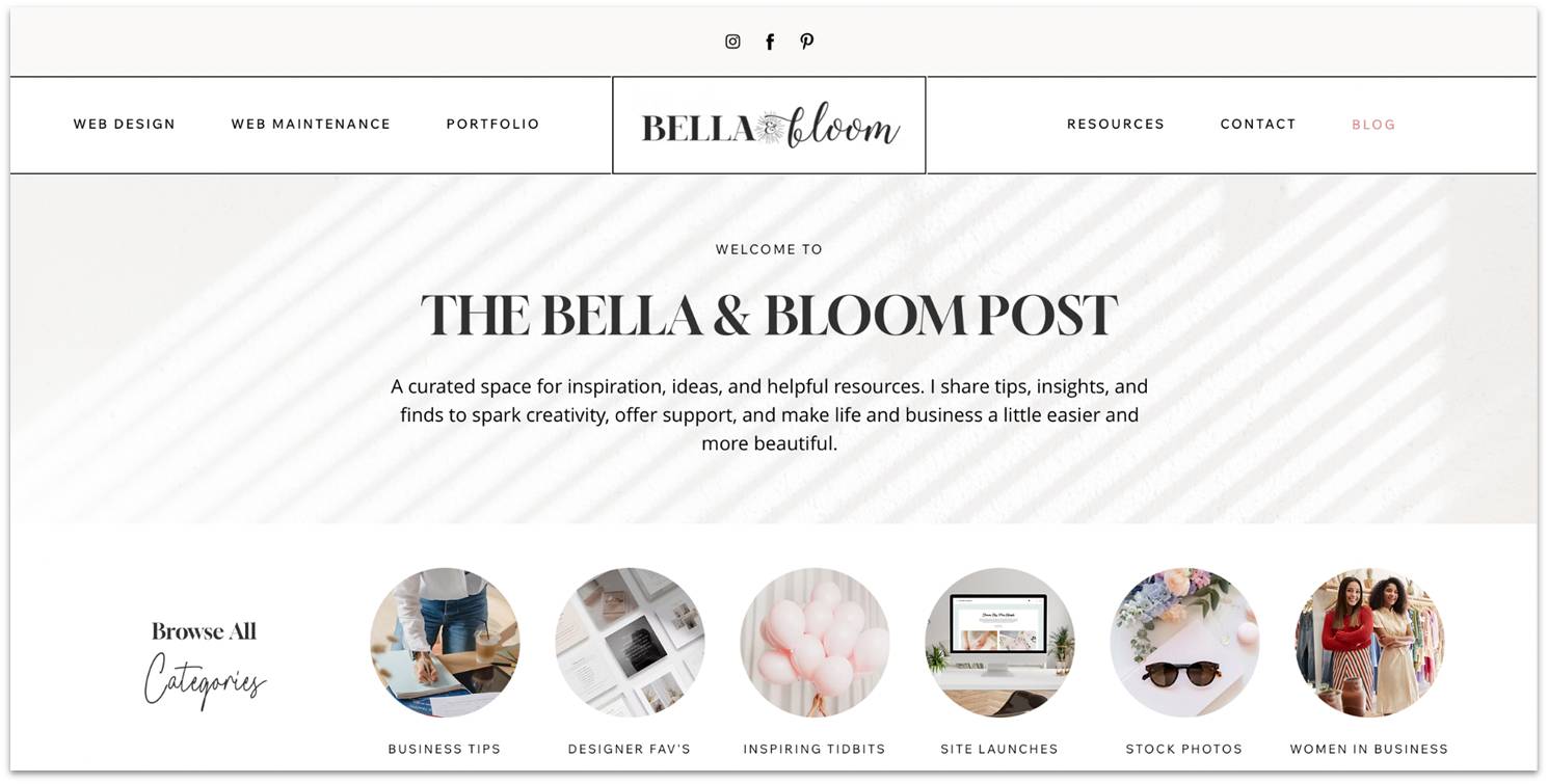 Bella & Bloom business blog homepage with Wix circular thumbnail categories.