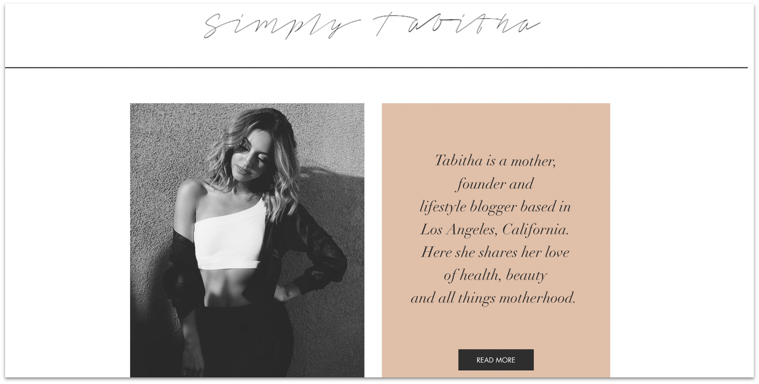 Wix Simply Tabitha personal blog homepage with a photo and intro to the blogger.