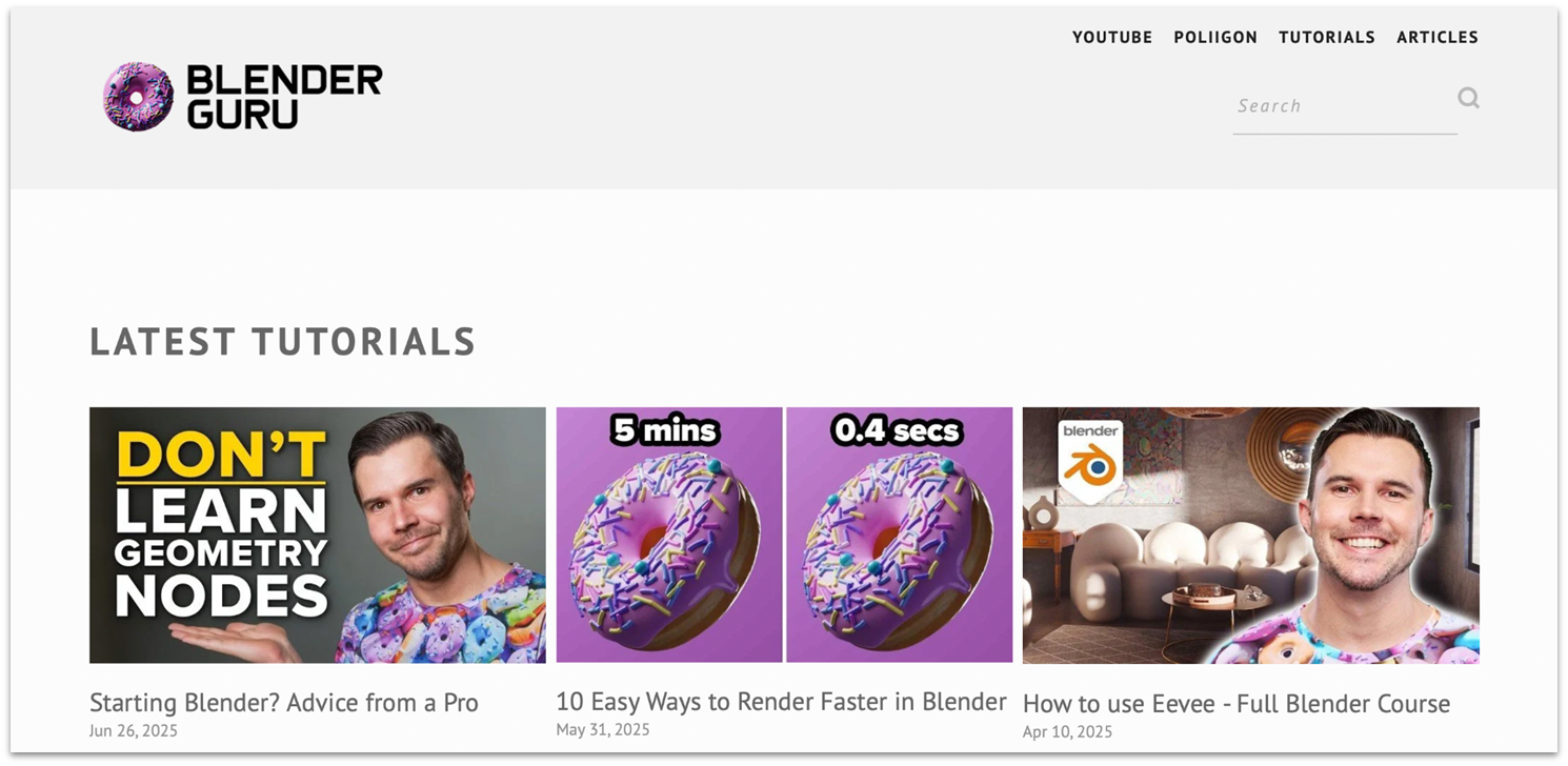 Squarespace built Blender Guru tech blog with latest tutorials.