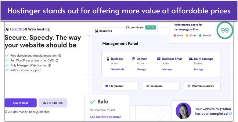 Hostinger home page showing its cheapest deal with a list of hosting features and an illustration of the hPanel