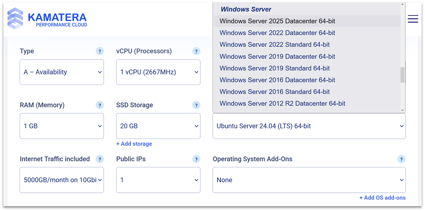 Kamatera hosting server setup options with Windows Server versions and customizable resources