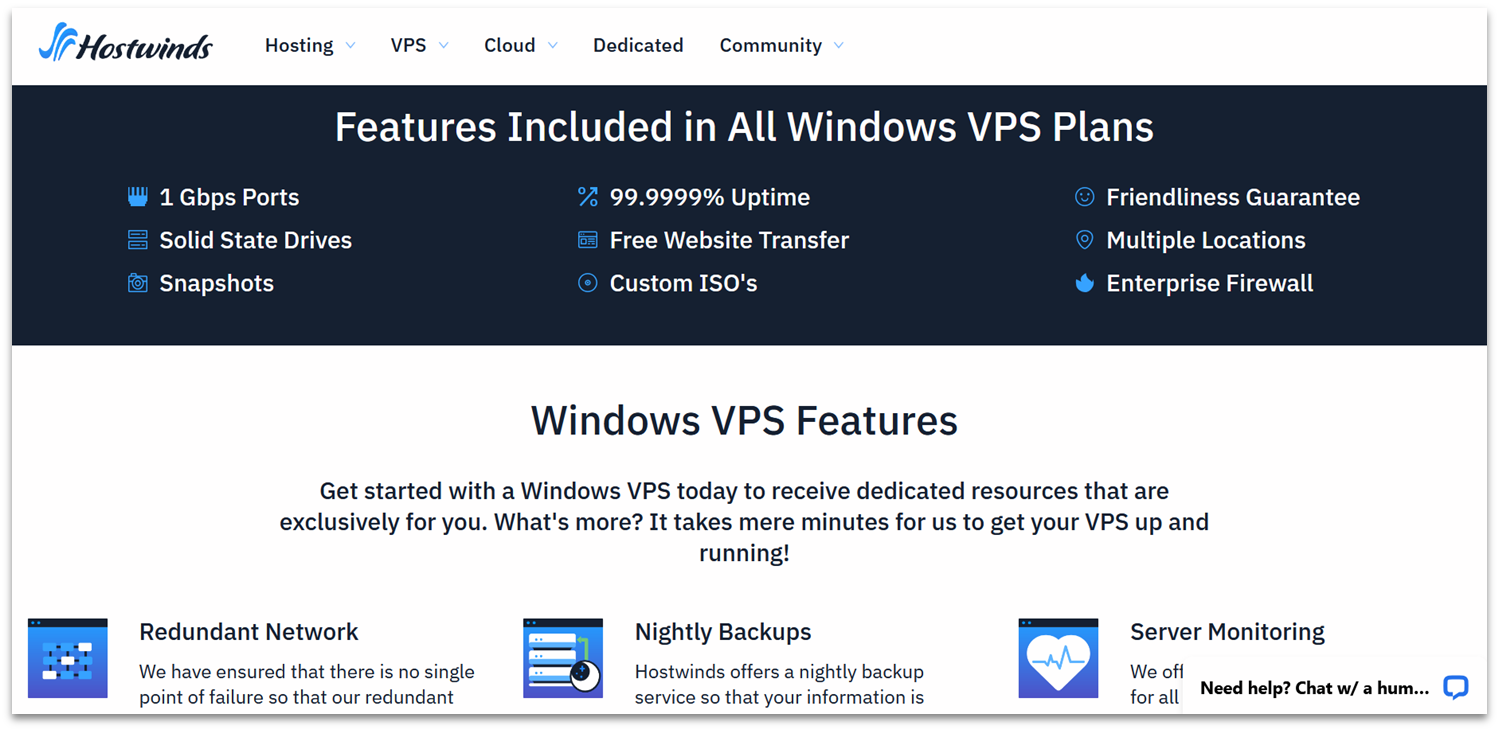 Hostwinds Windows VPS hosting landing page
