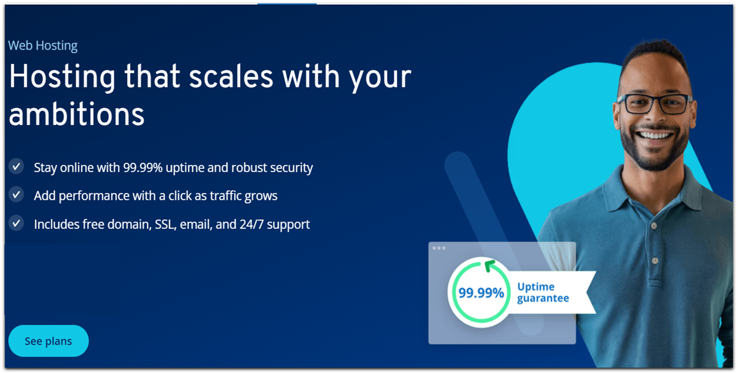 IONOS's homepage, highlighting its superior performance, 99.9% uptime guarantee, and robust security features