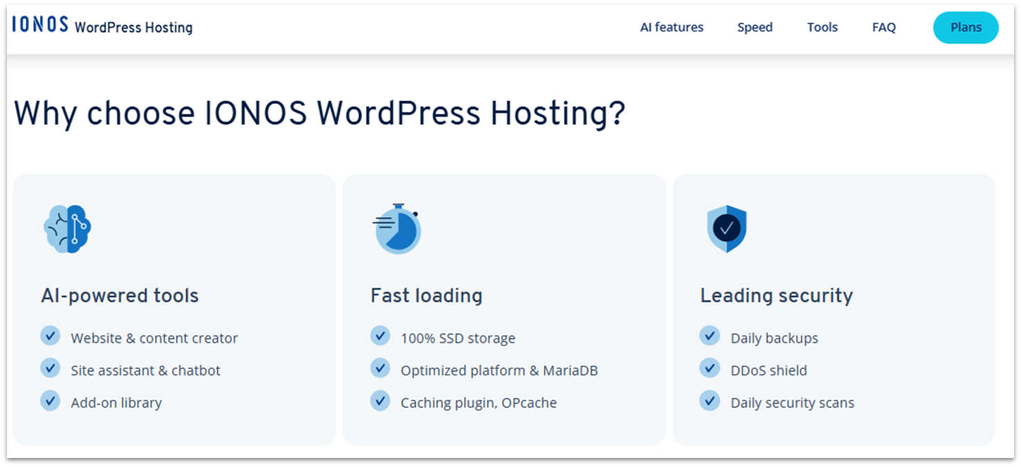 Feature list for IONOS' WordPress hosting.