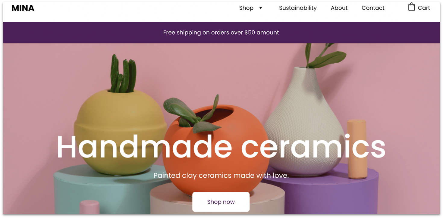 Hostinger's ceramic online store template, showing fruit-shaped ceramic vases.