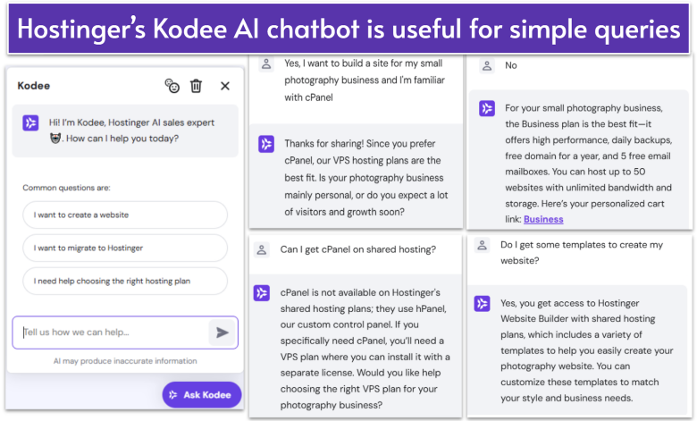 Hostinger AI chatbot interaction