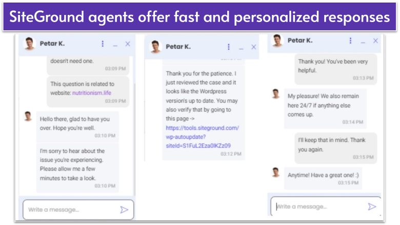 SiteGround support agent interaction