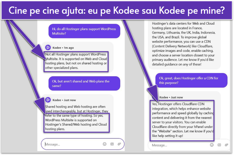 Hostinger Kodee AI chatbot interaction.