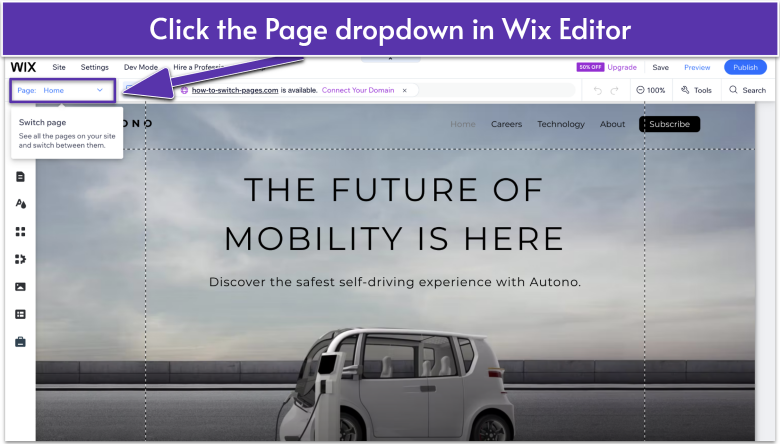 The Wix Editor interface with the page dropdown menu highlighted, showing how to click it to switch between pages