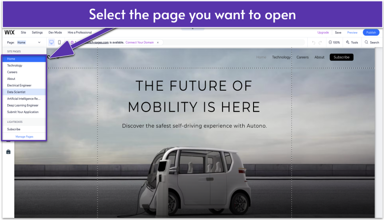The Wix Editor showing the Page dropdown menu expanded with a list of site pages. An arrow highlights the option to click and open a page