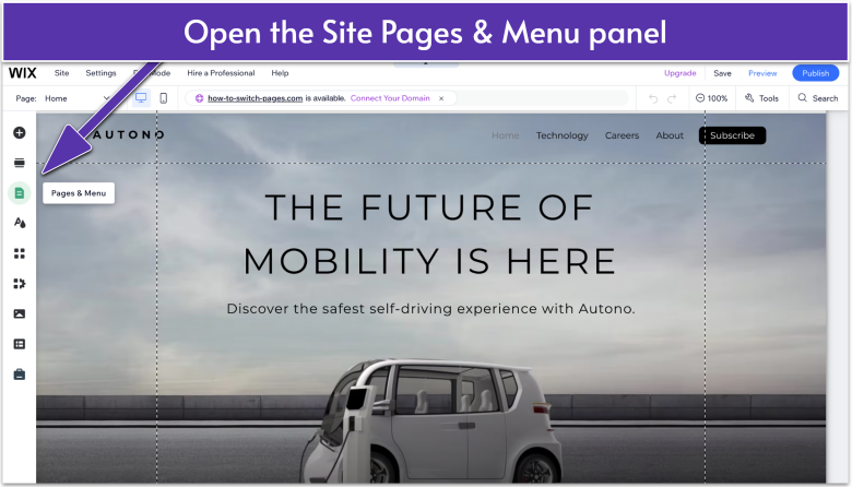 The Wix Editor interface highlighting the Site Pages and Menu button on the left sidebar