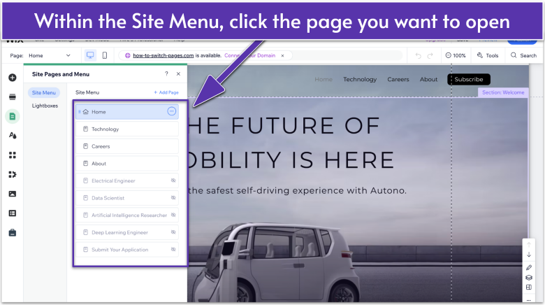 The Wix Editor showing the Site Pages and Menu panel with the Home page selected for switching between pages