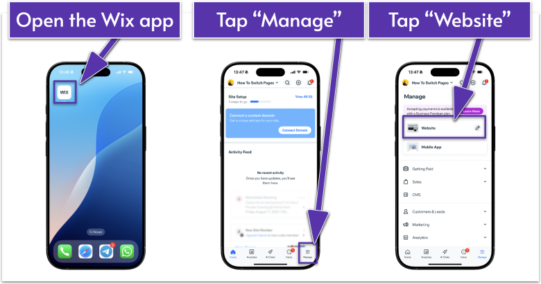 The Wix mobile app showing the steps to switch pages, including opening the app, tapping Manage, and selecting Website