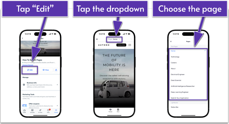 The Wix mobile app showing the steps to switch pages, including clicking Edit, tapping the dropdown, and choosing the page