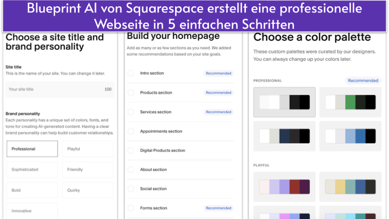 Screenshot der Blueprint-AI-Website-Erstellungsschritte von Squarespace