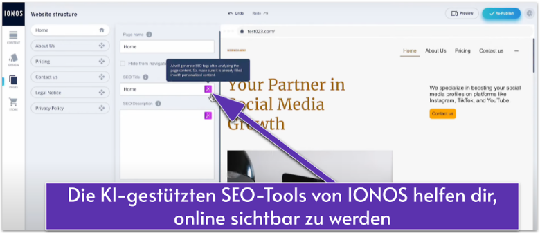 Screenshot des IONOS KI-SEO-Text-Generator-Tools