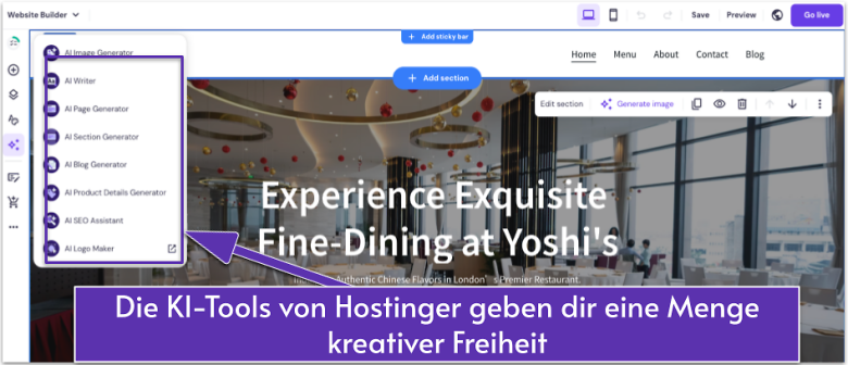 Screenshot of Hostinger Website Builder's AI site building tools