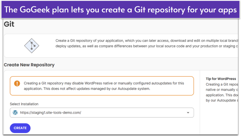 SiteGround's easy-to-use Git repository panel.