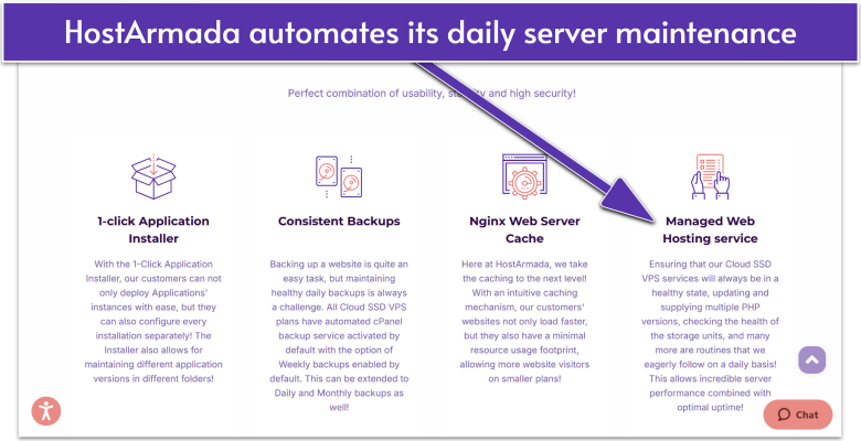 A list of HostArmada hosting features, including managed hosting services