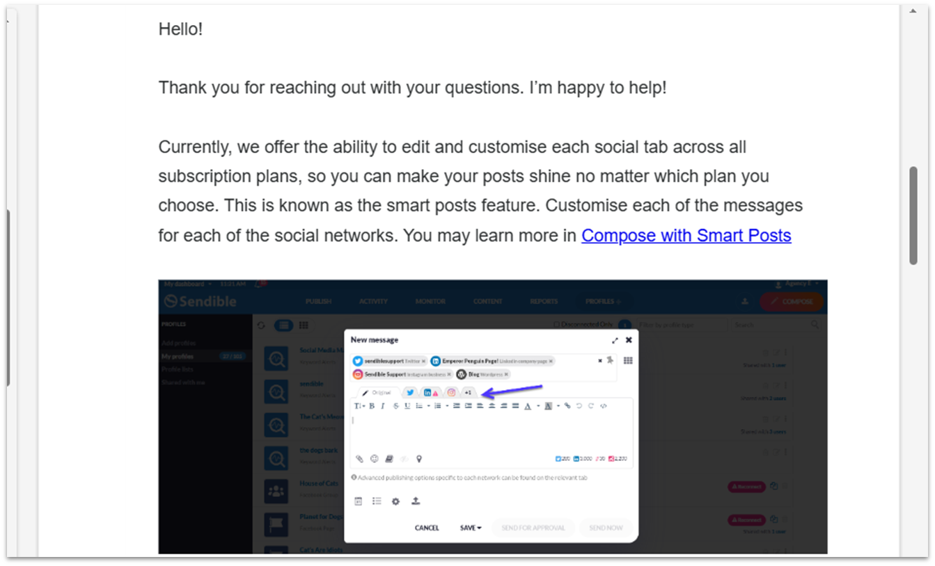 An email from Sendible's support team discussing publishing features.