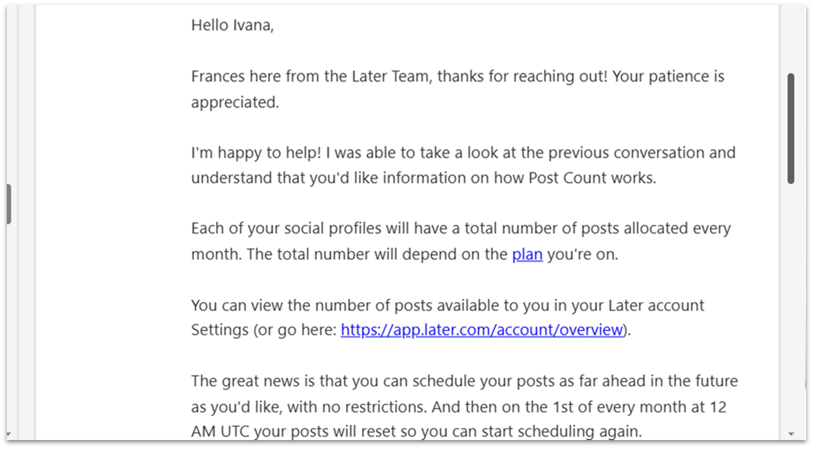 Email conversation with Later's support over post count limits.