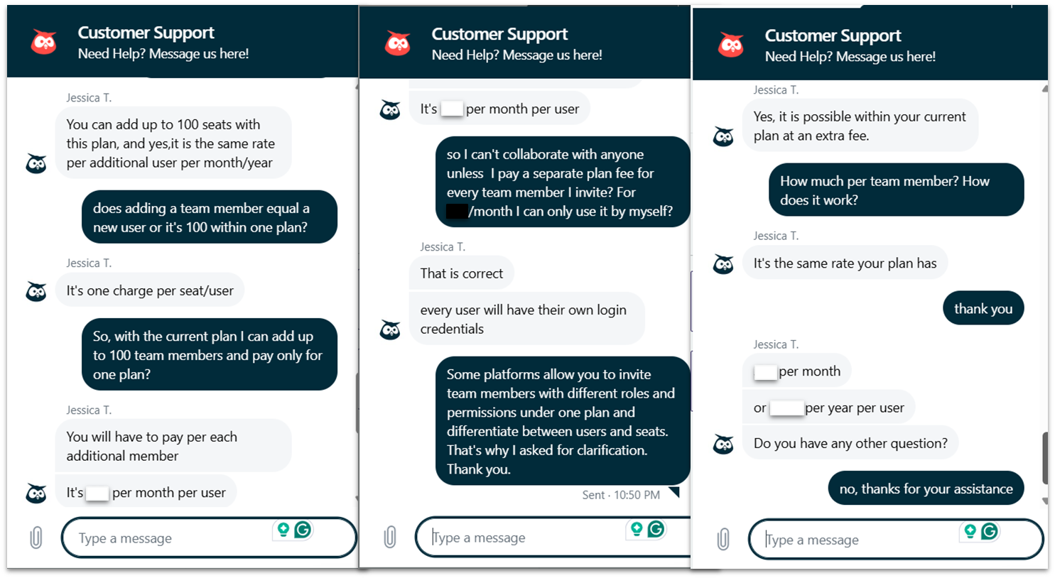 Live chat conversation over the number of users per plan with Hootsuite.