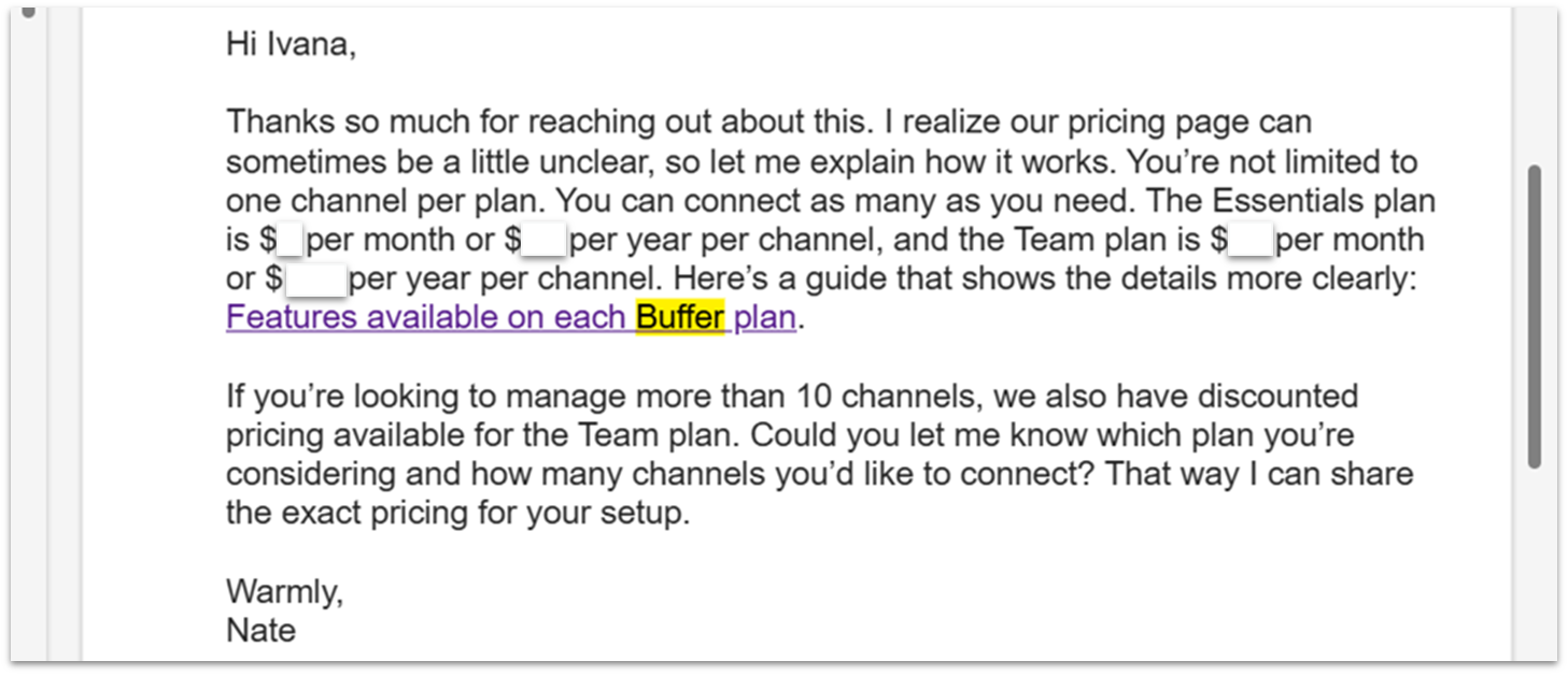 Email response from Buffer's customer service representative on pricing.