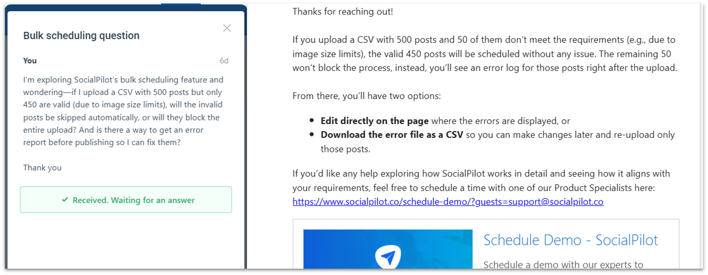 Email conversation about bulk scheduling with SocialPilot agent.