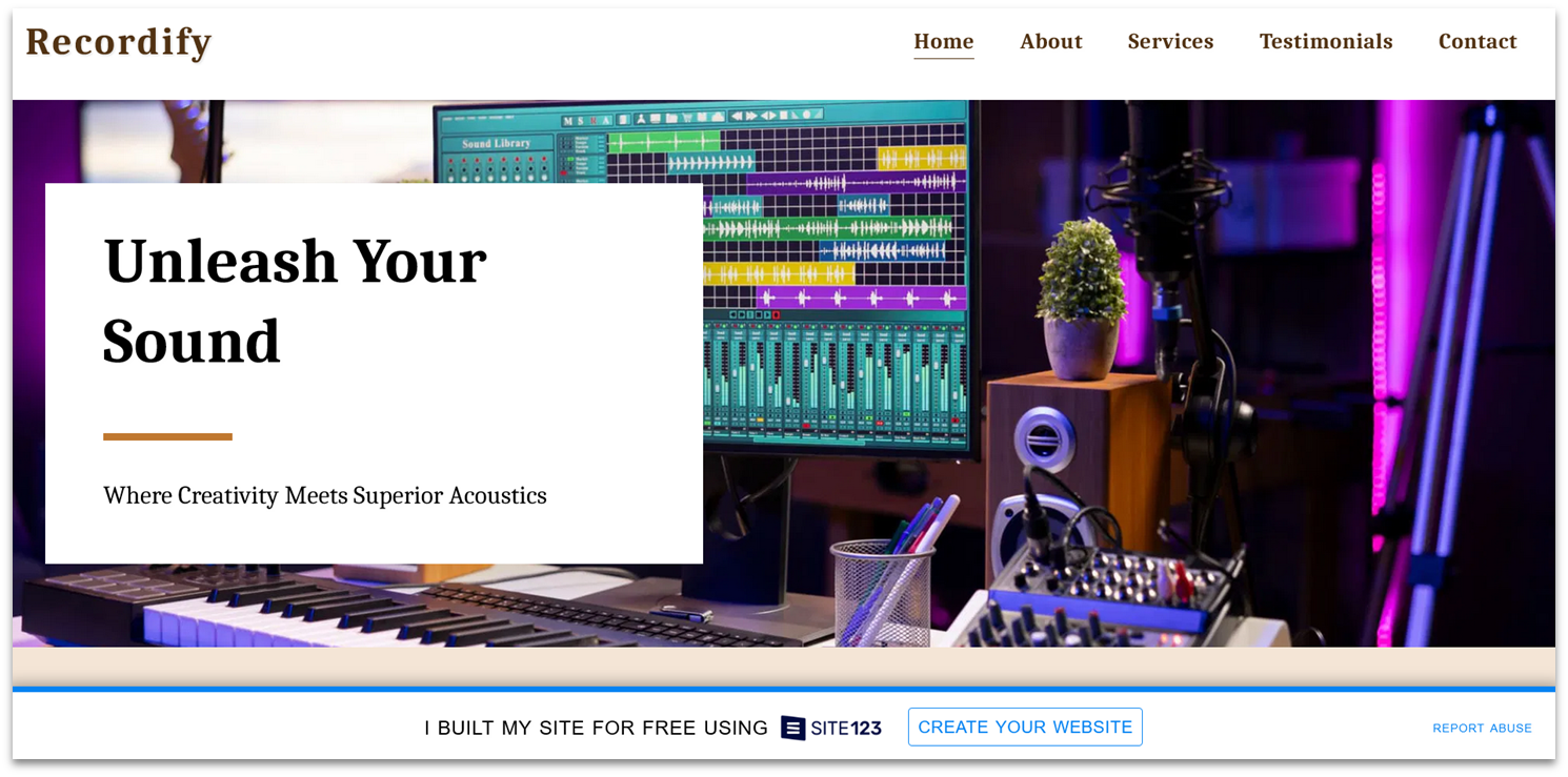 Site123 free website example Recordify landing page