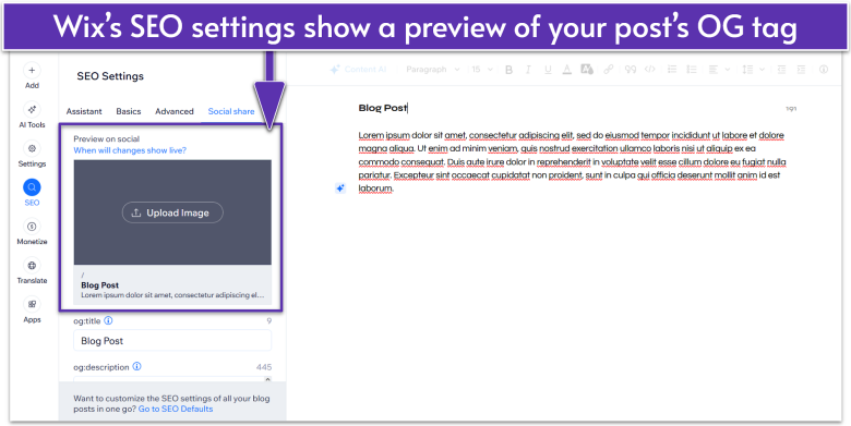 Wix's OG preview in SEO settings