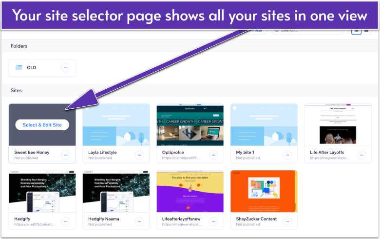Wix site selector page displaying a grid of website projects with options to select, edit, or manage each site