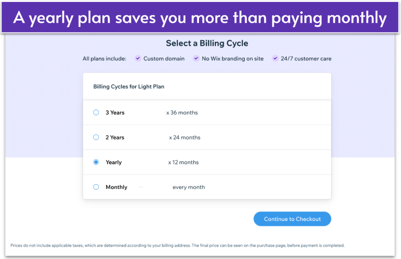 Wix’s billing cycle selection screen showing four options: 3 years, 2 years, yearly, and monthly. A purple bar at the top indicates the site is not yet upgraded