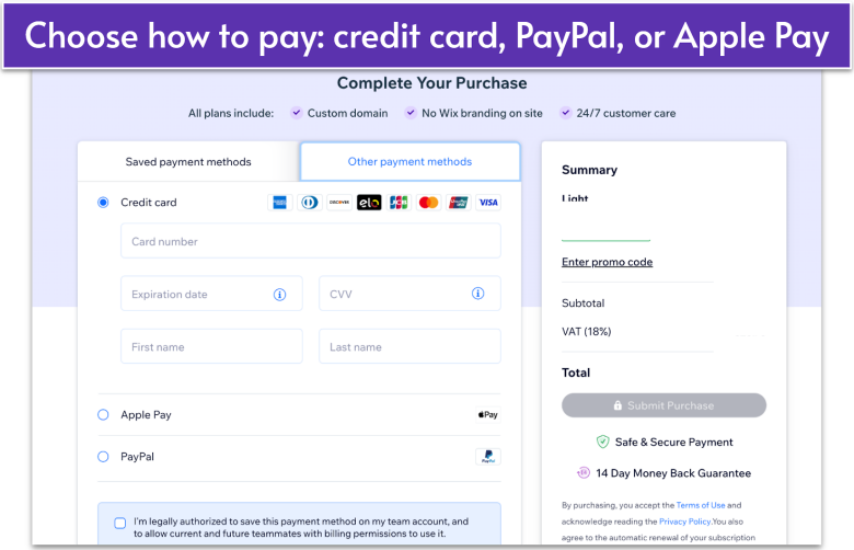 Wix checkout screen showing payment options including credit card, Apple Pay, and PayPal, alongside a summary of the selected yearly plan with a visible discount