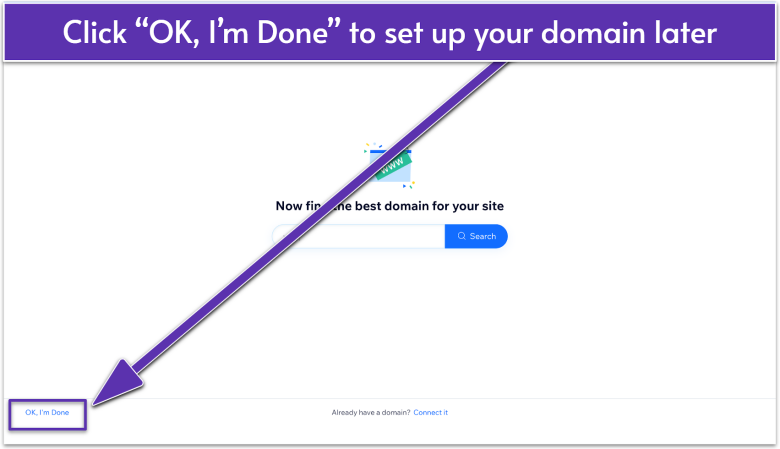 Wix domain setup screen showing a search bar to find a domain, with an arrow pointing to the "OK, I'm Done" link for skipping the step