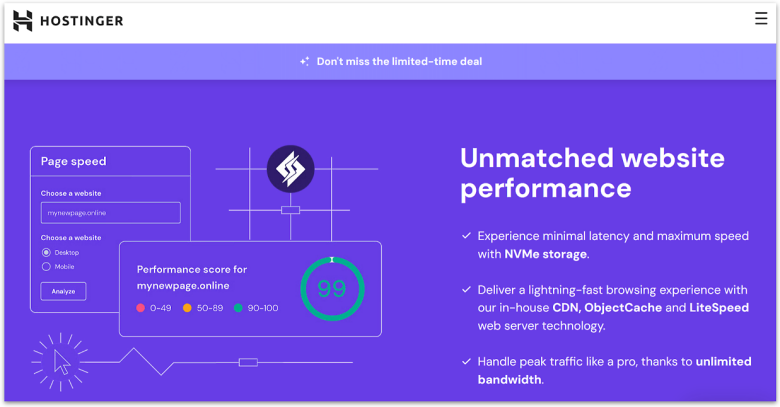 Hostinger's official website showing a description of its performance features.