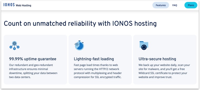 IONOS official website showing features that ensure reliability.