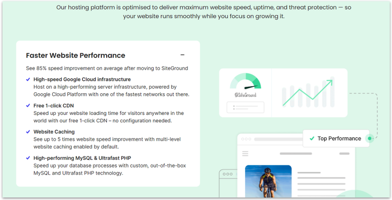 SiteGround performance features, including Google Cloud infrastructure and free caching tools.