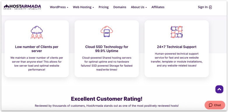 HostArmada's official site showing the features it offers on its plans.