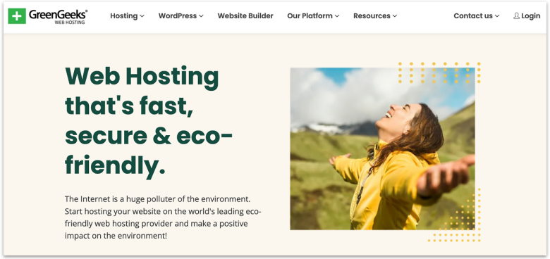 GreenGeek's website's homepage showing that it's a fast and eco-friendly host.