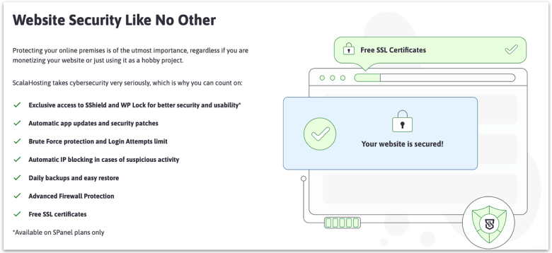 ScalaHosting's website showing its web security features offered in shared hosting.