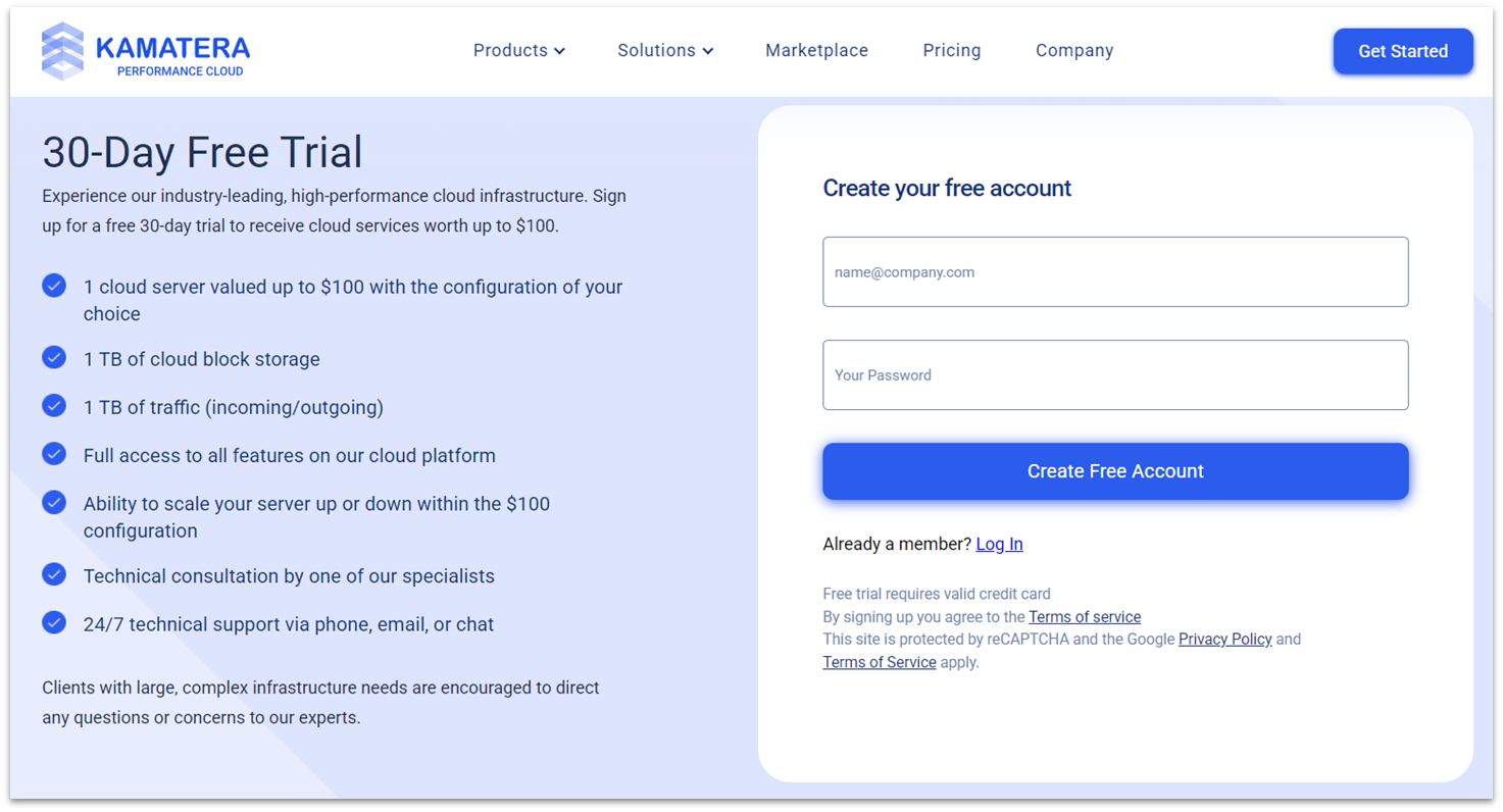 List of Kamatera's free trial features and signup form.