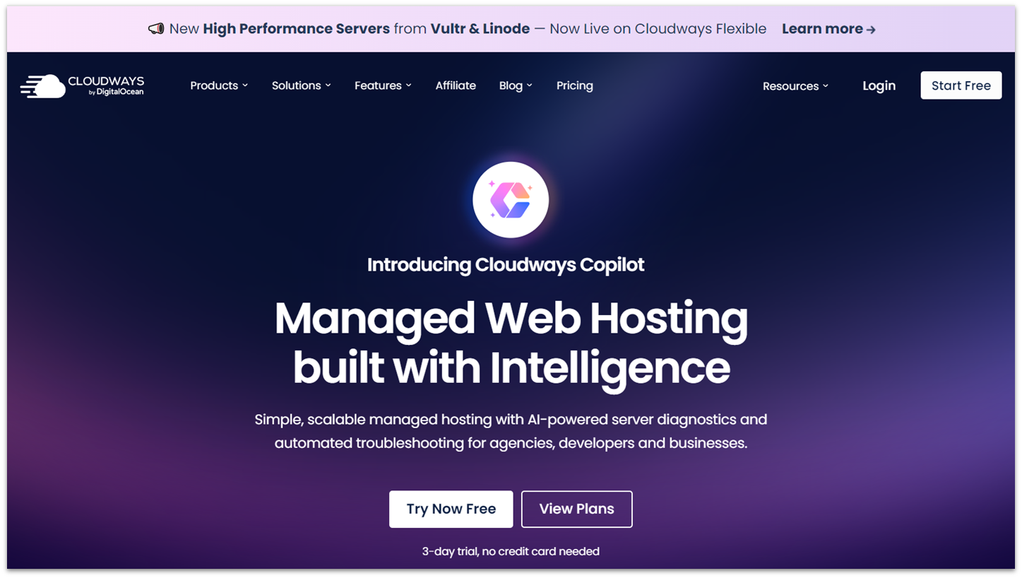 Landing page for Cloudways 3-day free trial for managed web hosting services.