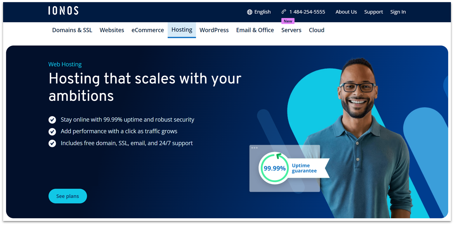 List of standout IONOS web hosting features.