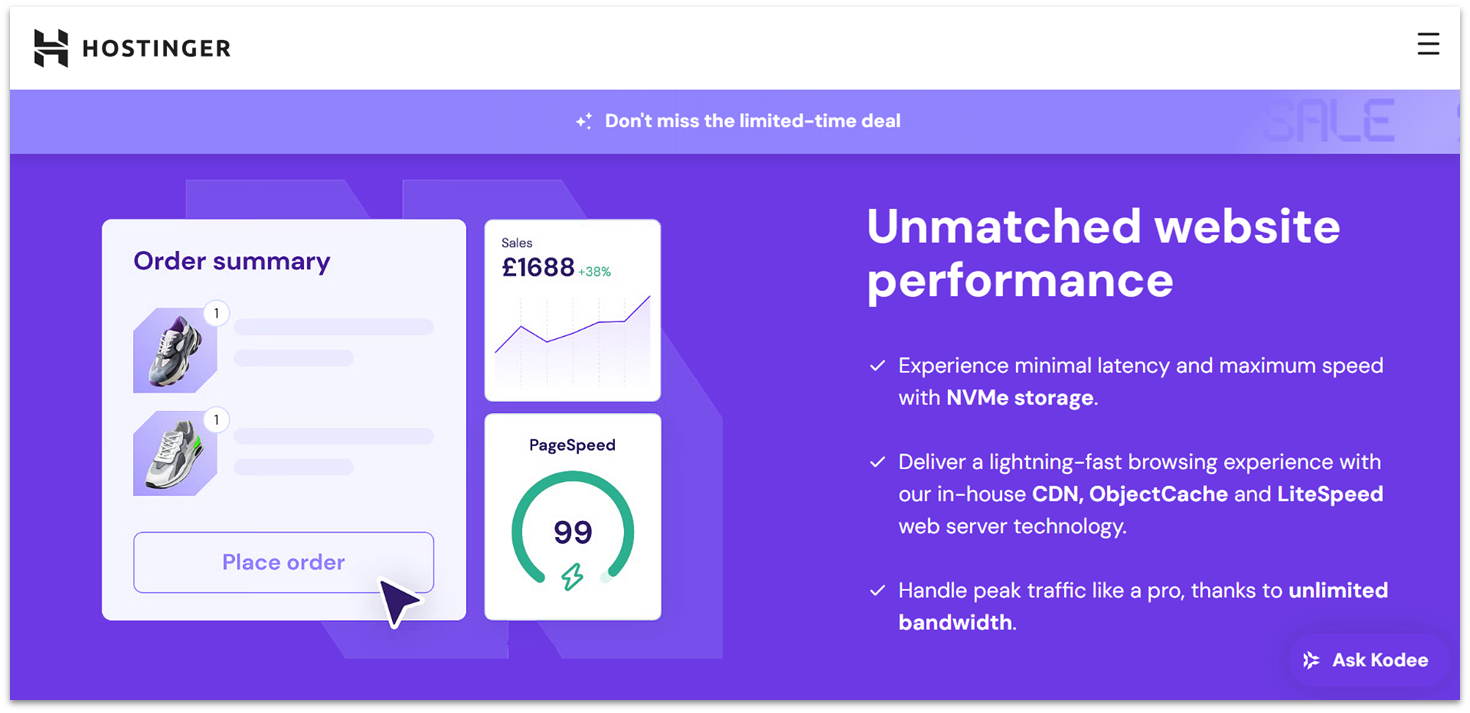 Hostinger web hosting performance features.