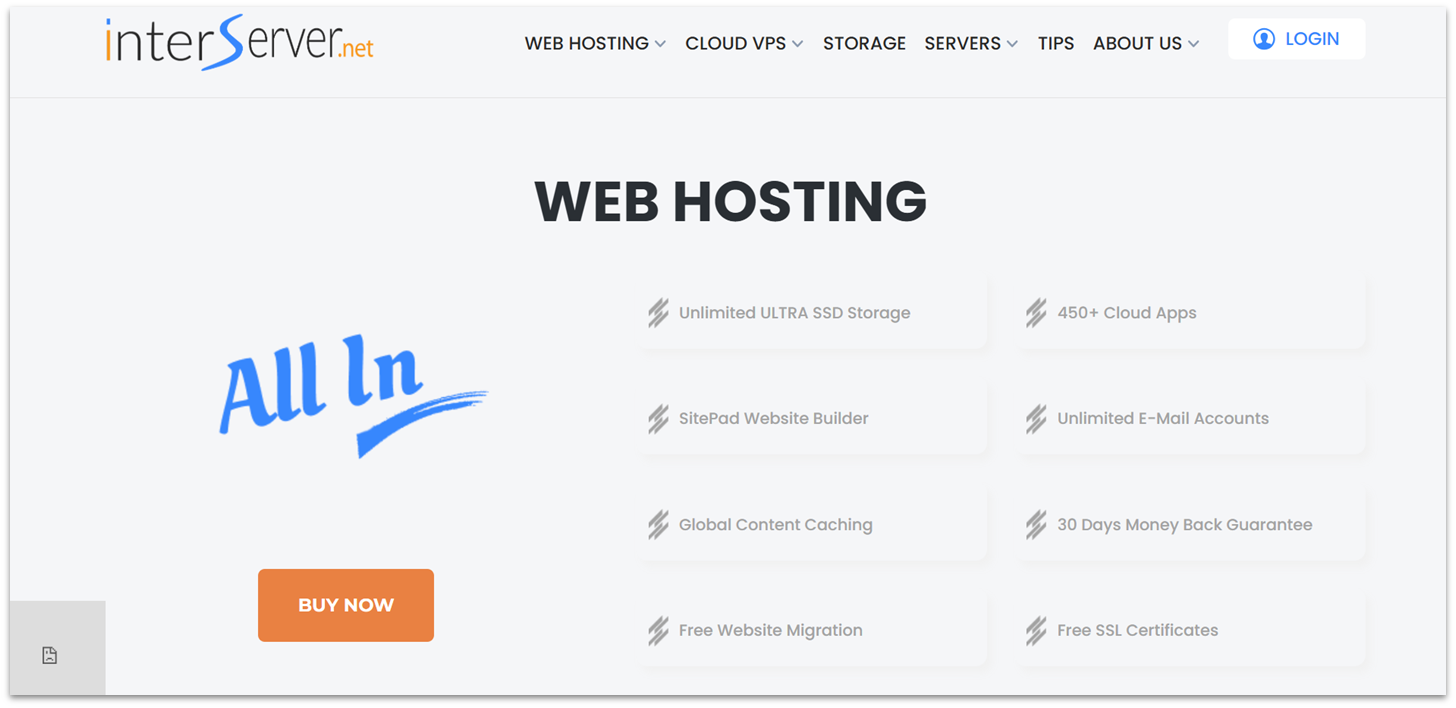 InterServer unlimited web hosting plan details.