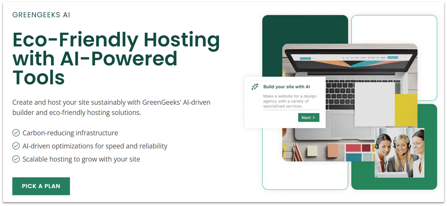 GreenGeeks AI builder features and sustainability message.
