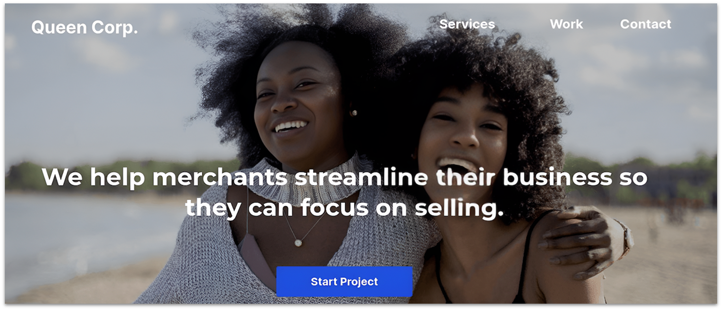 Brevo's landing page template, showing two women smiling in the background and a blue CTA button.